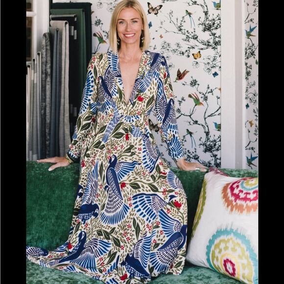 FARM Rio Blue Macaw Flight Deep V Boho Artsy Maxi Dress Size XS NWT - Picture 1 of 7